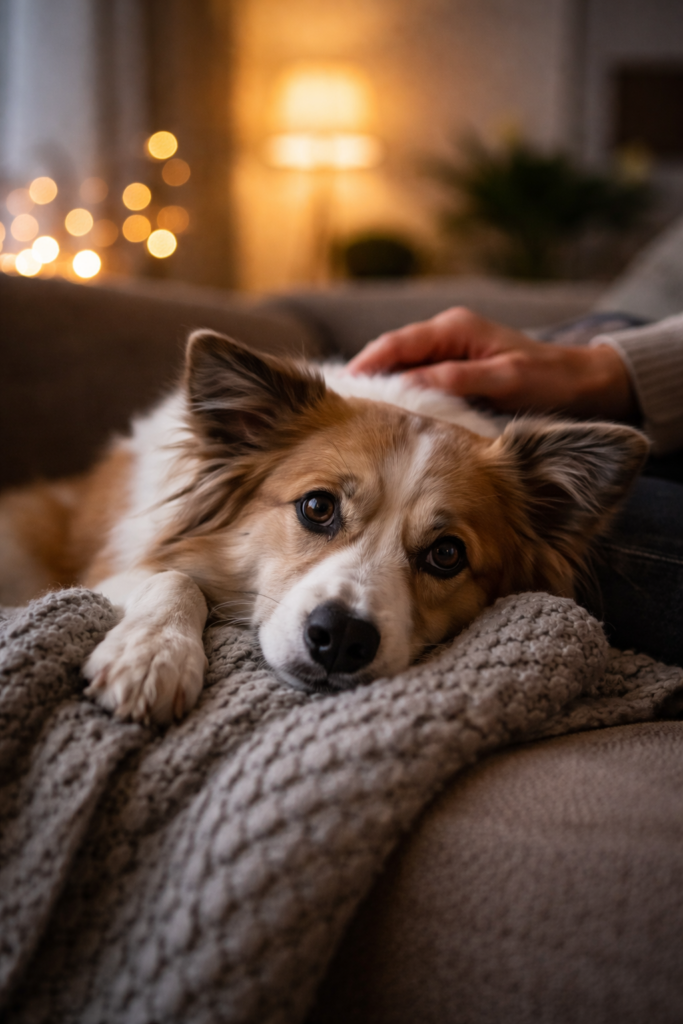 Hund liegt angespannt während Feuerwerksgeräuschen