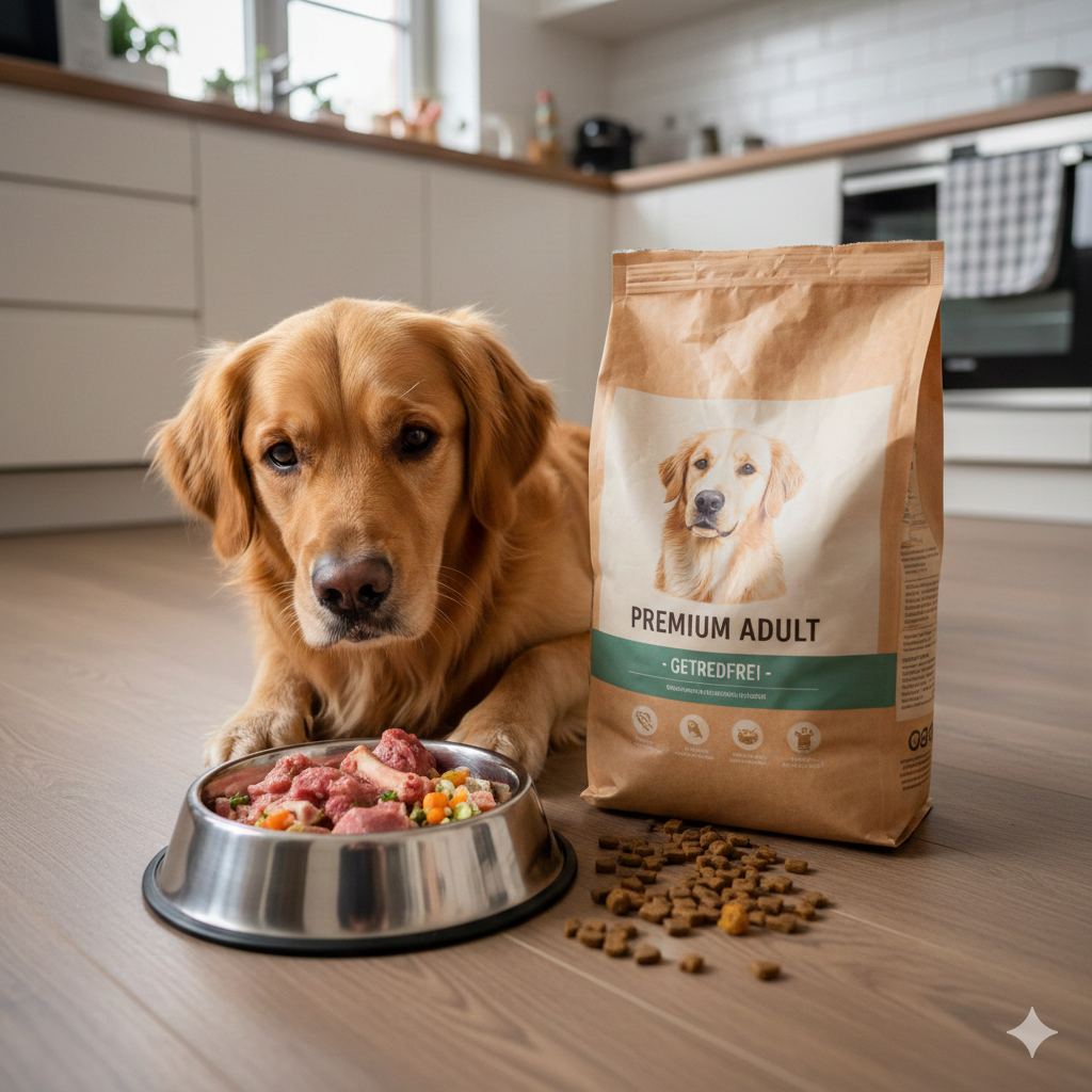 Hund vor Futternapf mit frischer Nahrung