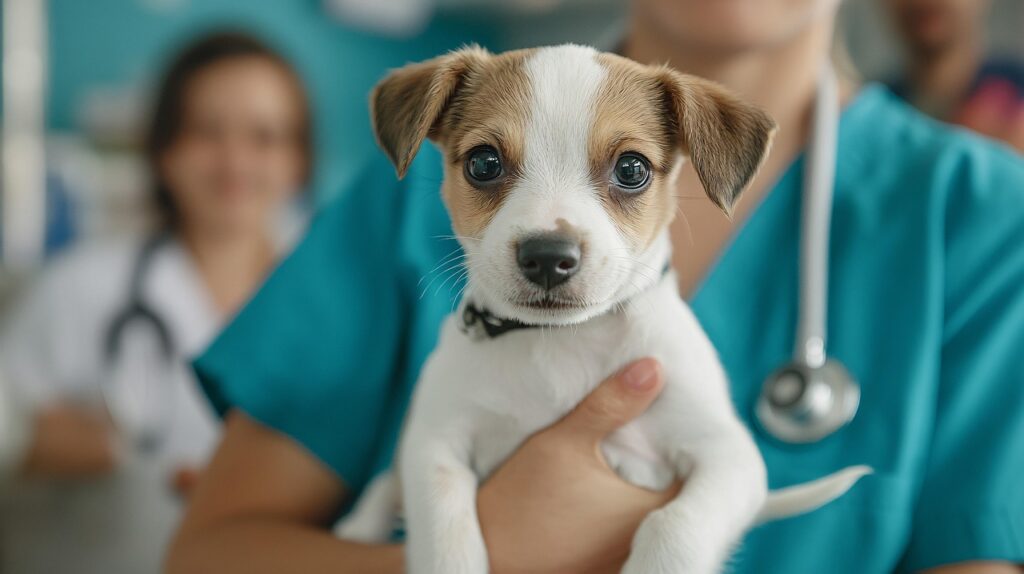 Hund beim Tierarzt in ruhiger Untersuchungssituation